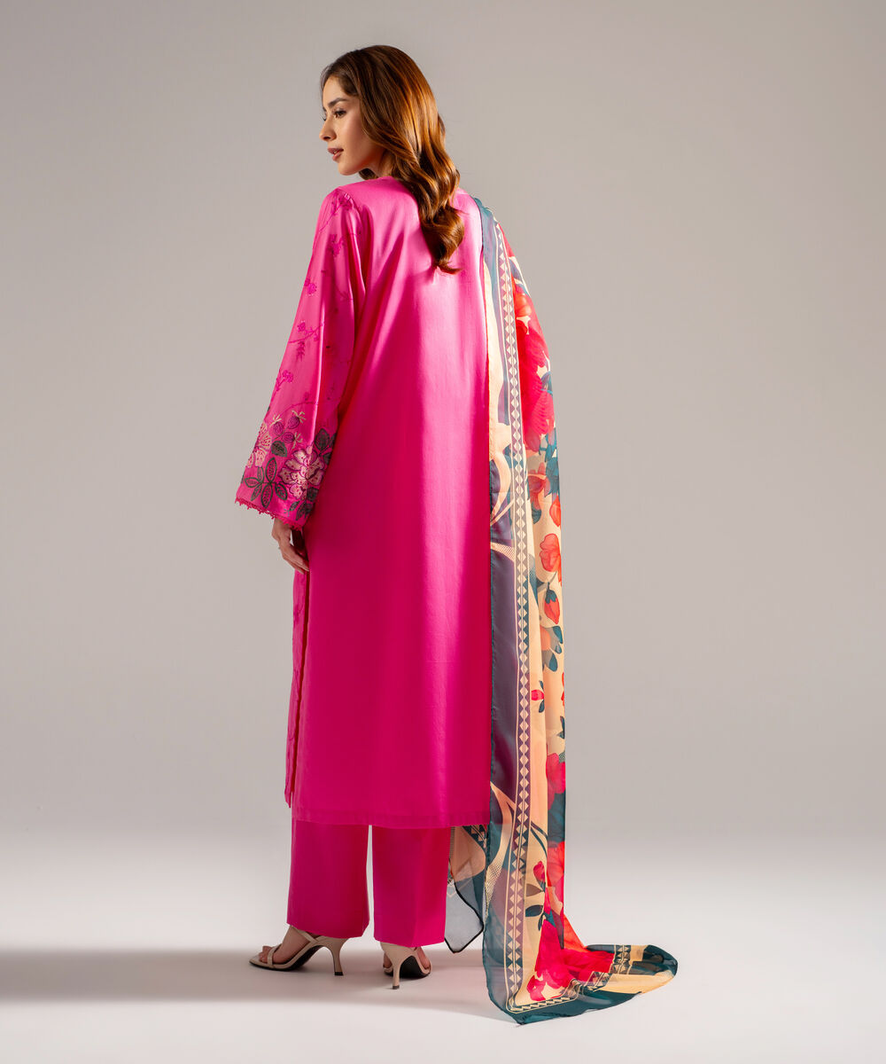 Women's RTW Cotton Satin Embroidered Pink 3 Piece Suit