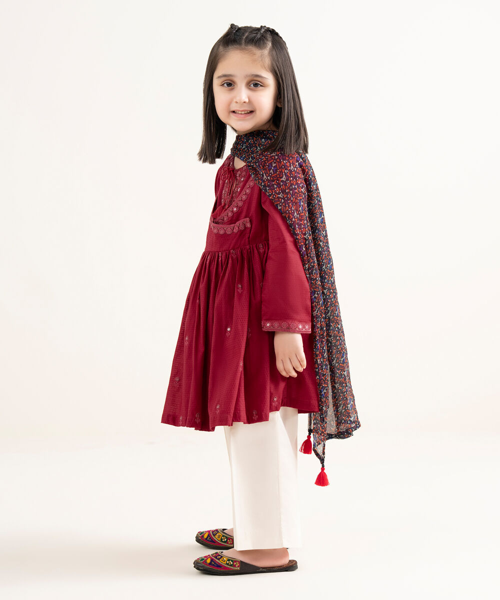 Girls Two Piece Embroidered Textured Lawn Shirt Dupatta