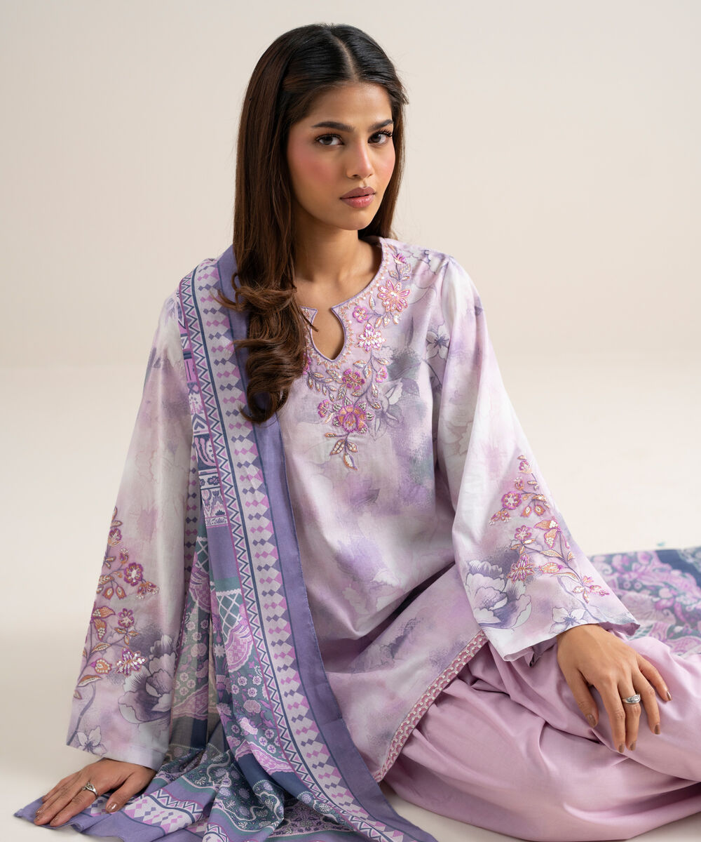 Women's Unstitched Lawn Embroidered Off White 3 Piece Suit