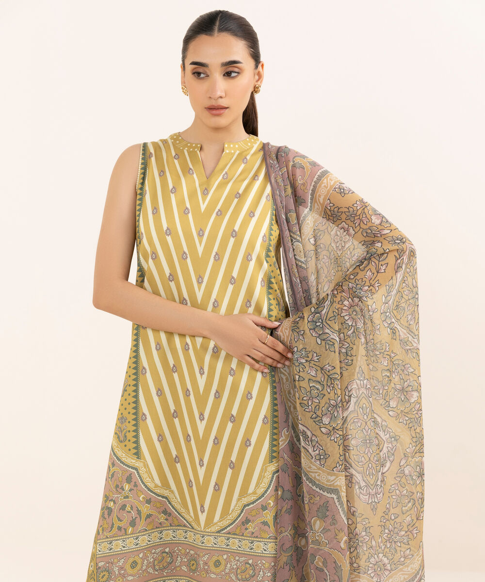 Women's Unstitched Arabic Lawn Printed Yellow 3 Piece Suit