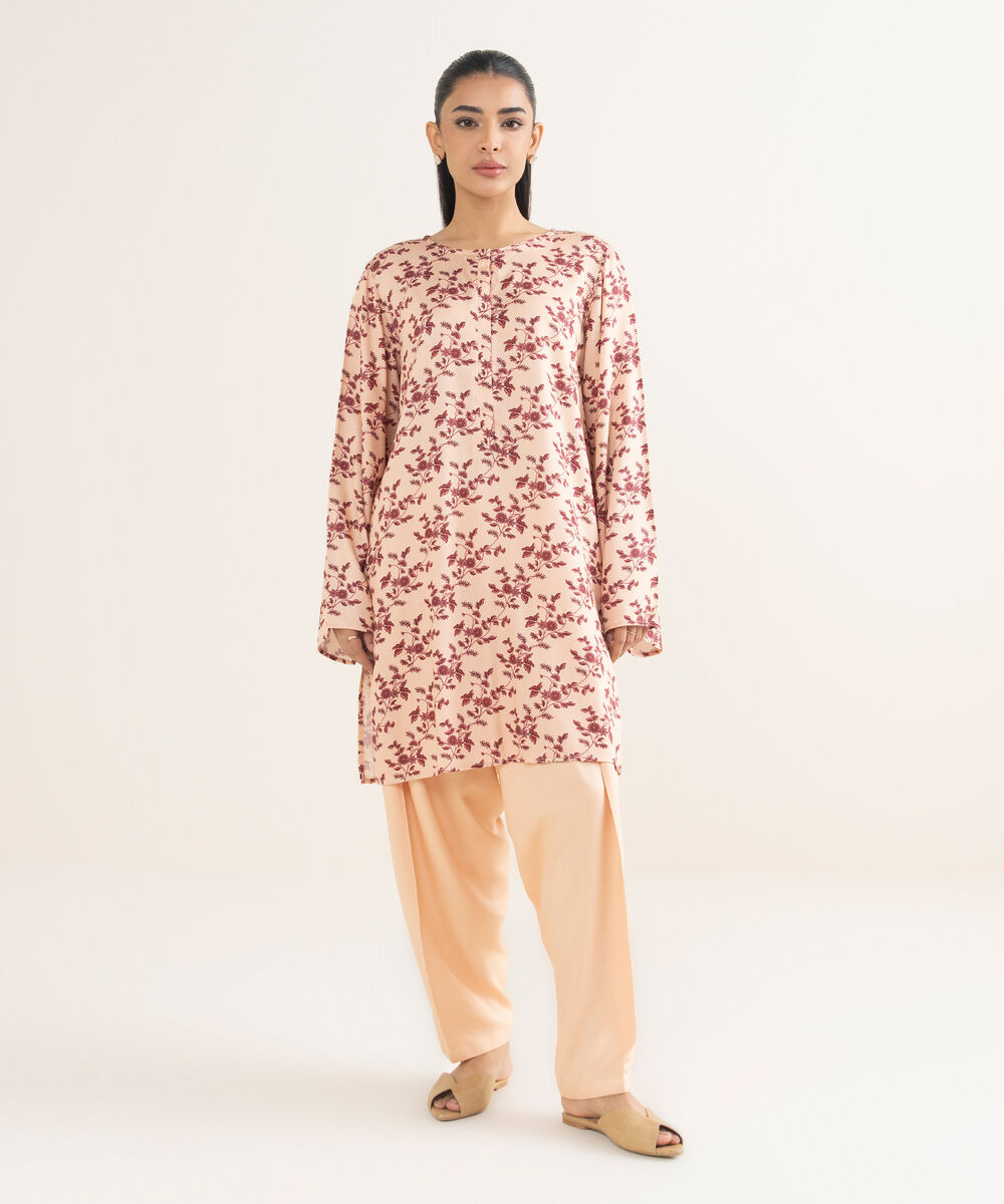 Women's RTW Bedford Printed Peach Straight Shirt