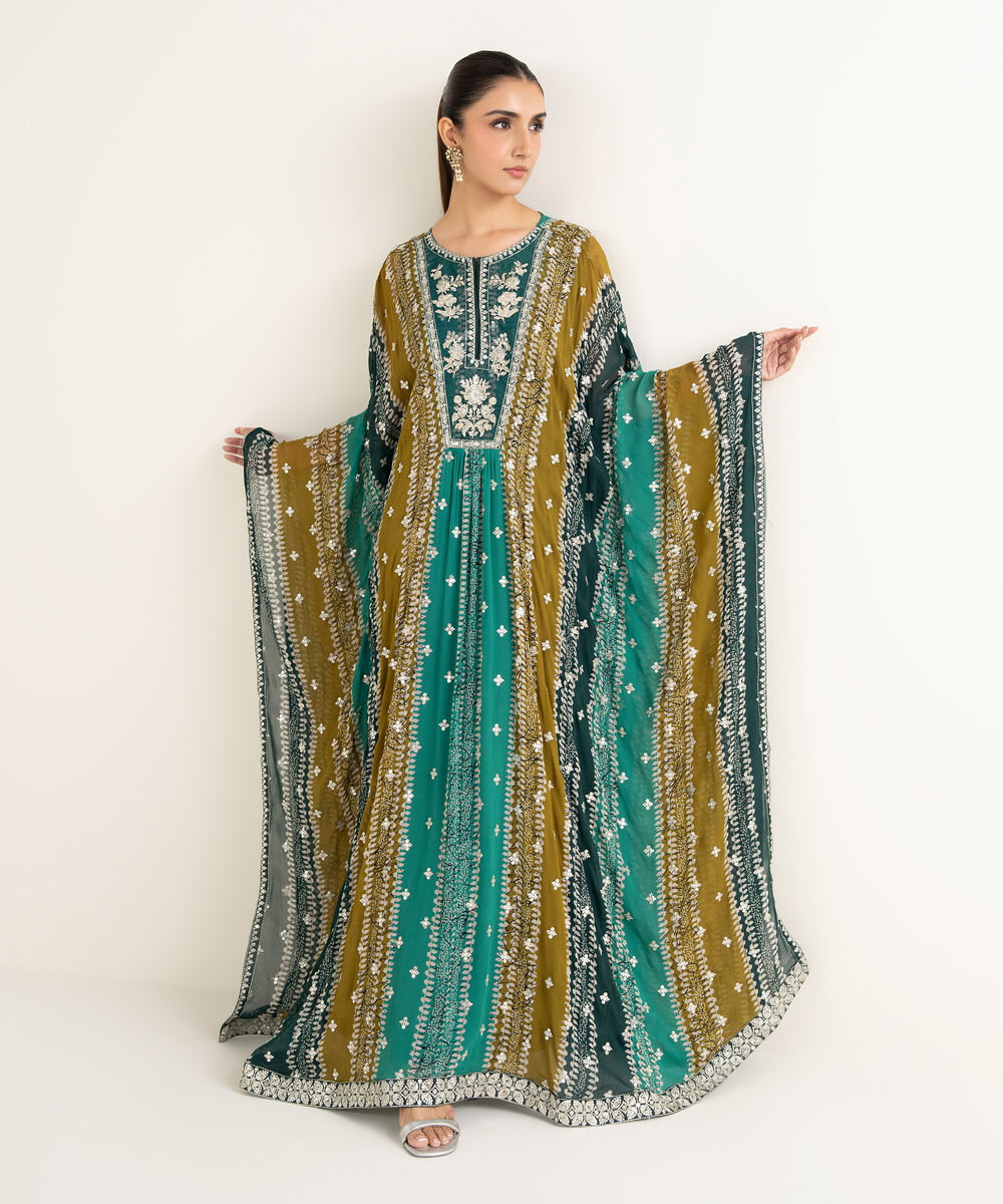 Women's RTW Bemberg Georgette Chiffon Embroidered Green 2 Piece Suit