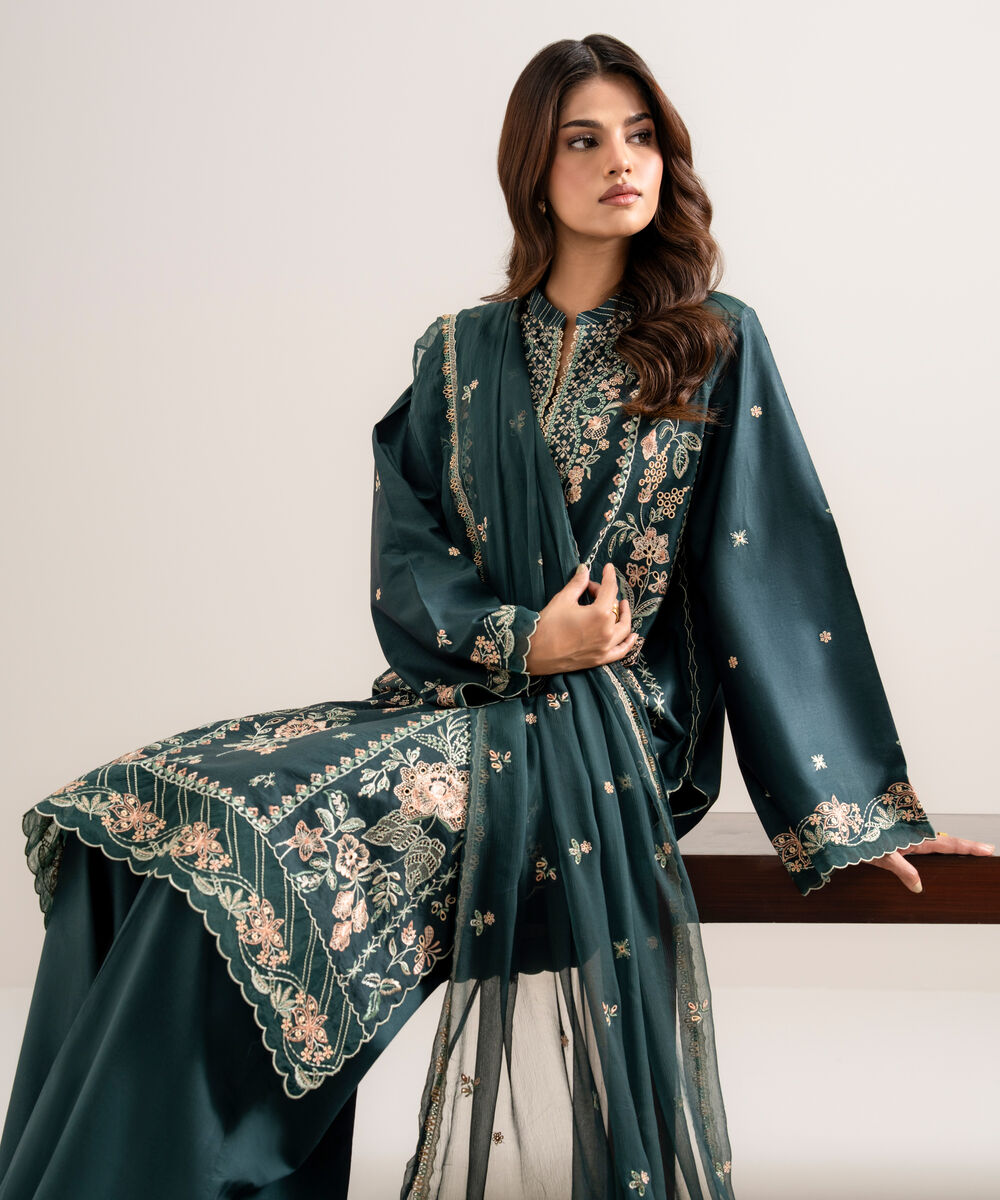 Women's Unstitched Embroidered Cotton Viscose Teal Green 3 Piece Suit