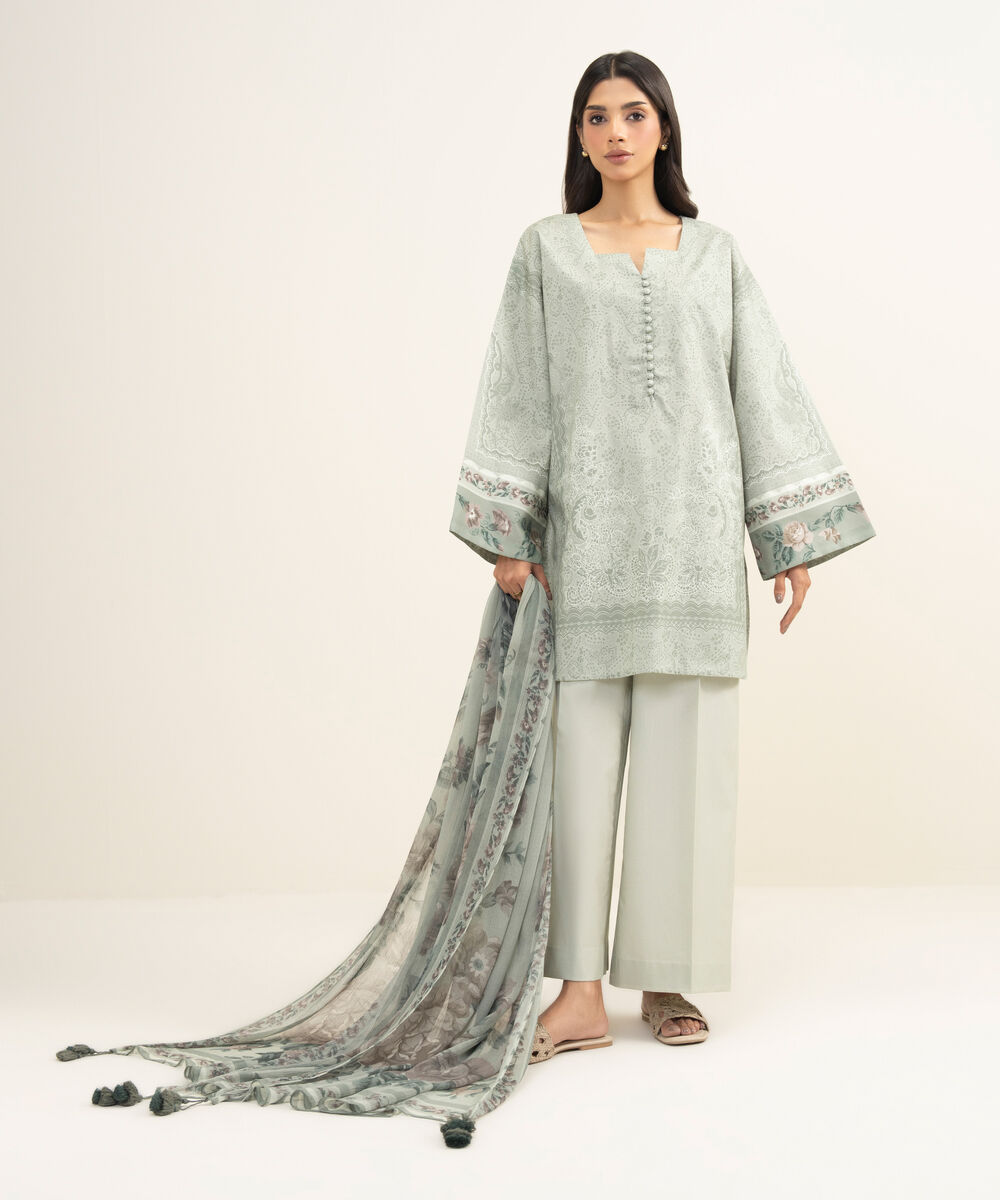 Women's Unstitched Lawn Printed Green 3 Piece Suit