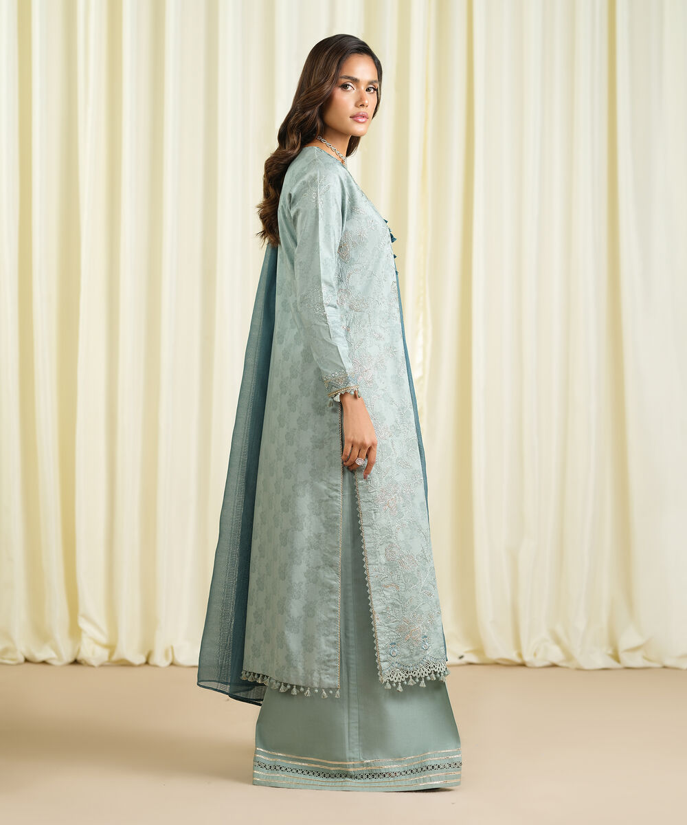 Women's Unstitched Cotton Jacquard Embroidered Blue 3 Piece Suit
