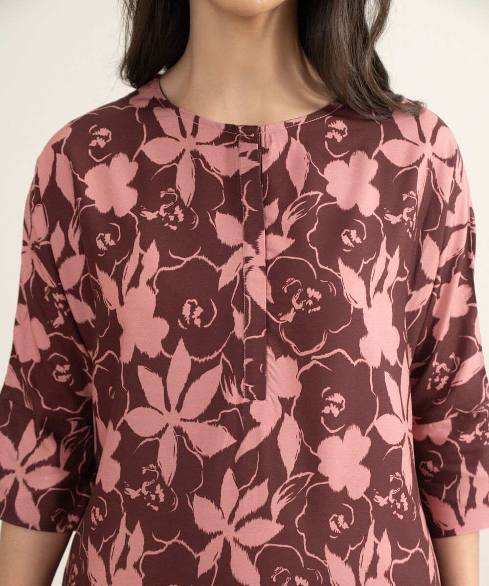 Women's RTW Arabic Cambric Printed Maroon Drop Shoulder Shirt