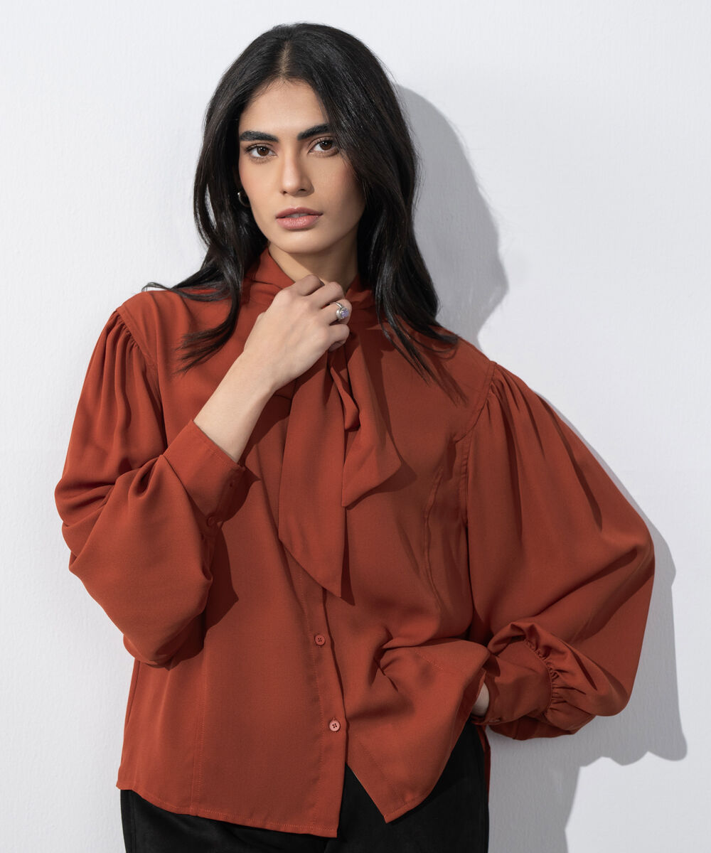 Women's Western Wear Red Blouse With Tie Collar