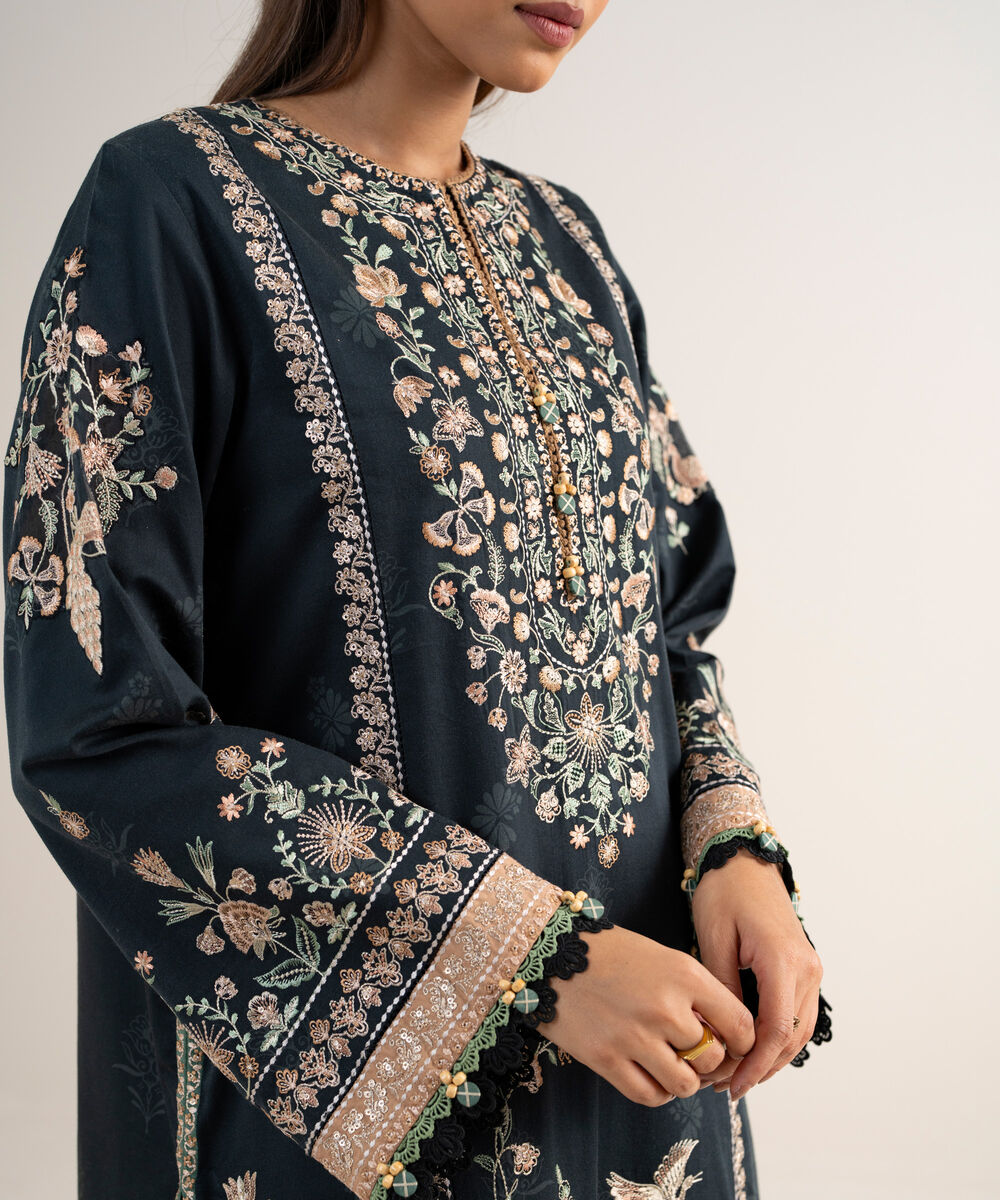 Women's Unstitched Fine Cotton Satin Embroidered Black