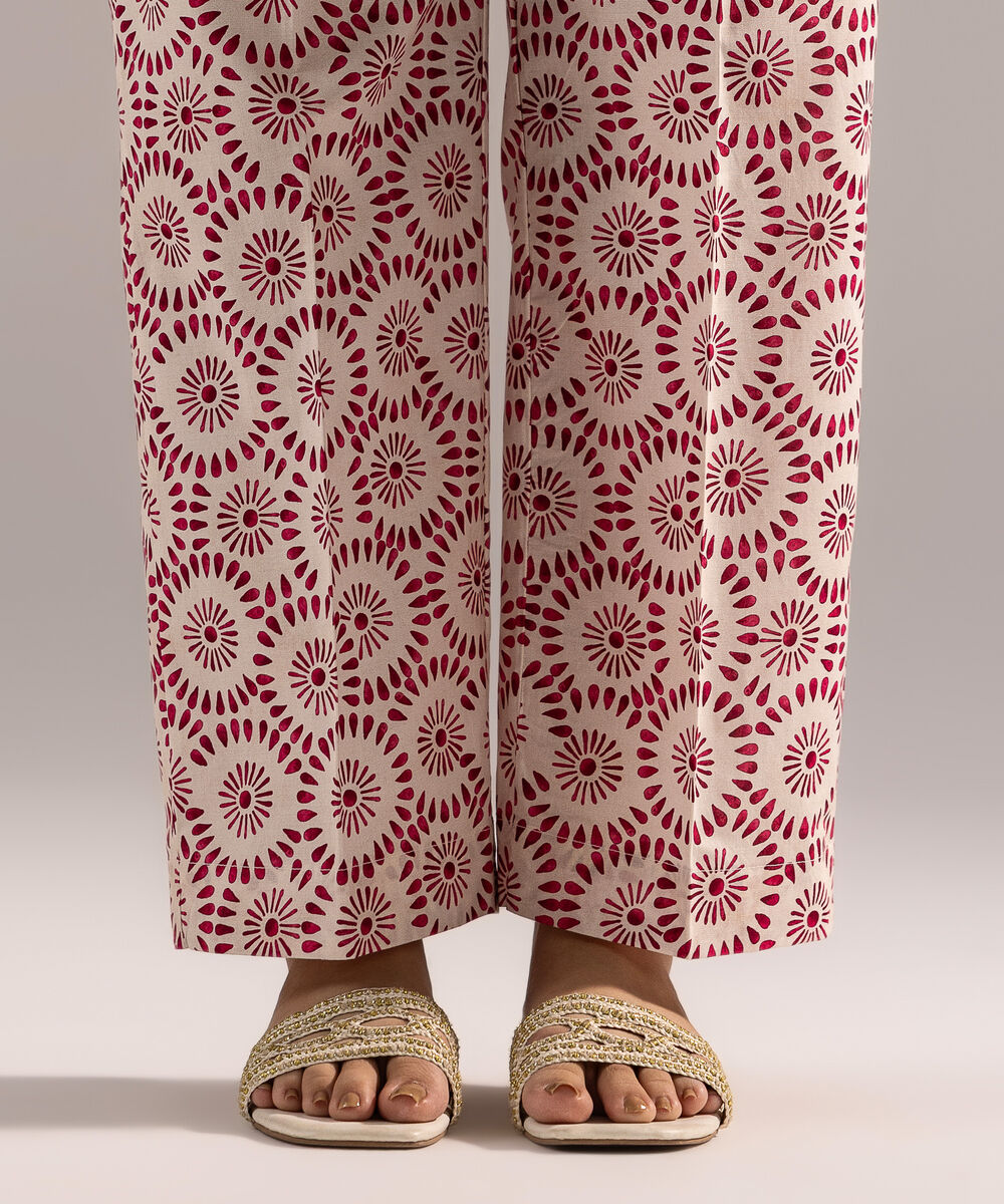 Women's RTW Cambric Printed White Straight Pants