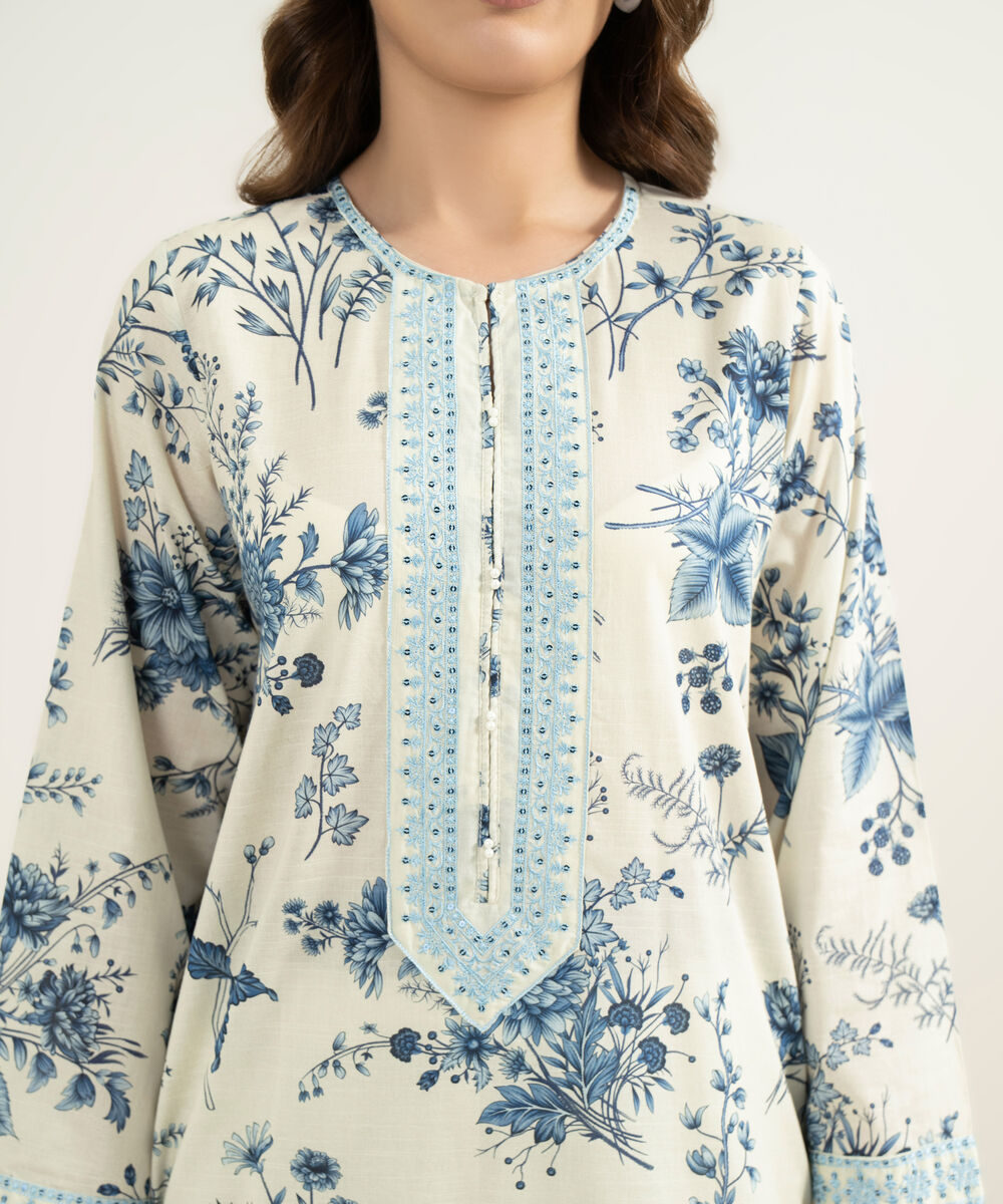 Women's RTW Slub Lawn Embroidered Beige 3 Piece Suit