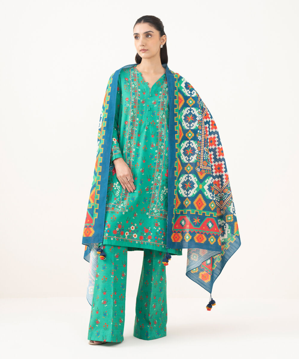 Women's Unstitched Khaddar Printed Green  3 Piece Suit