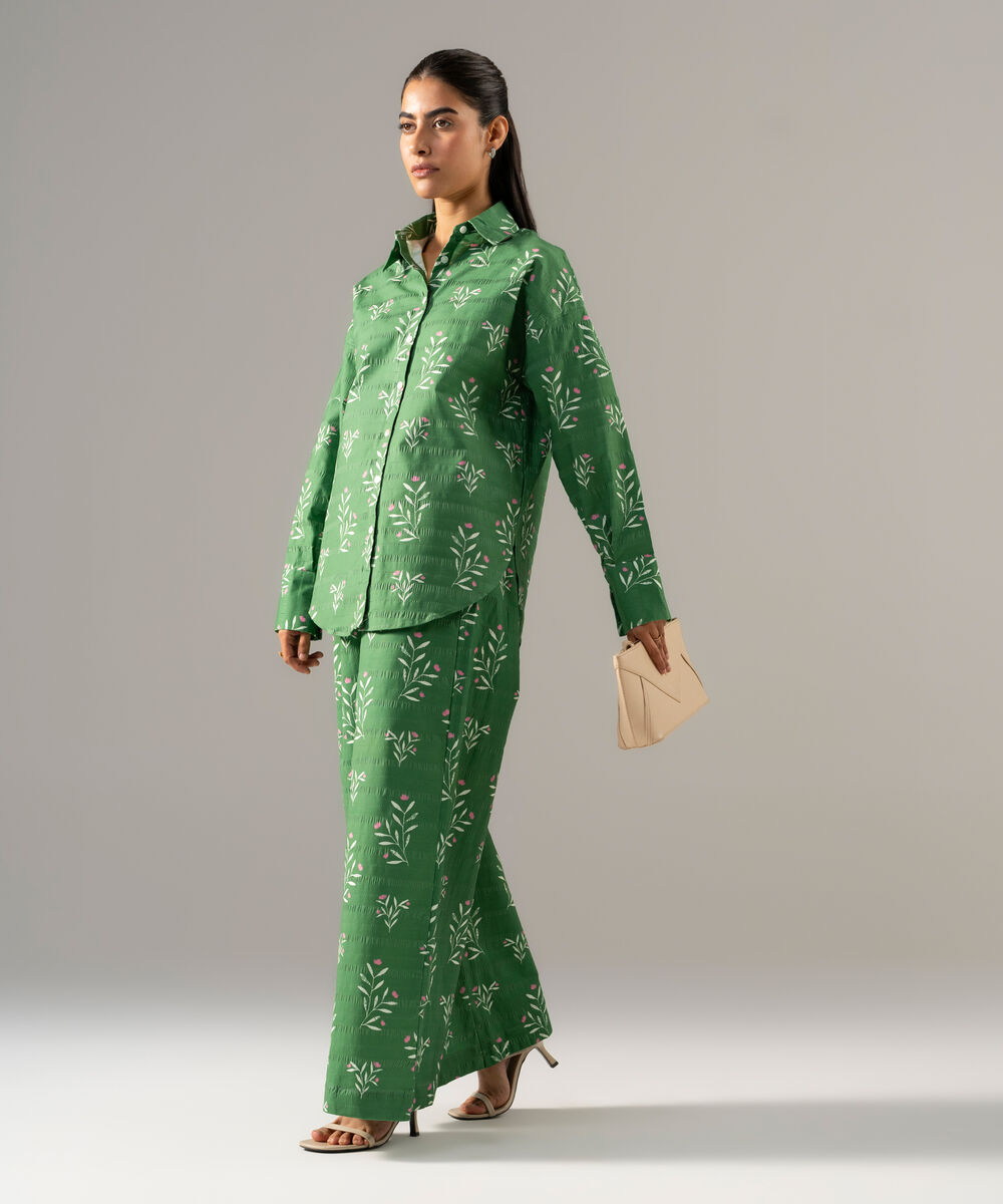 Women's RTW Seersucker Printed Green 2 Piece Suit