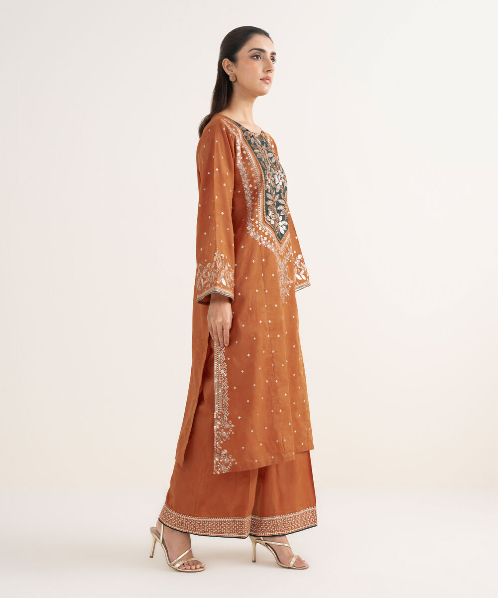 Women's RTW Self Jacquard Leno Embroidered Orange A-Line Shirt