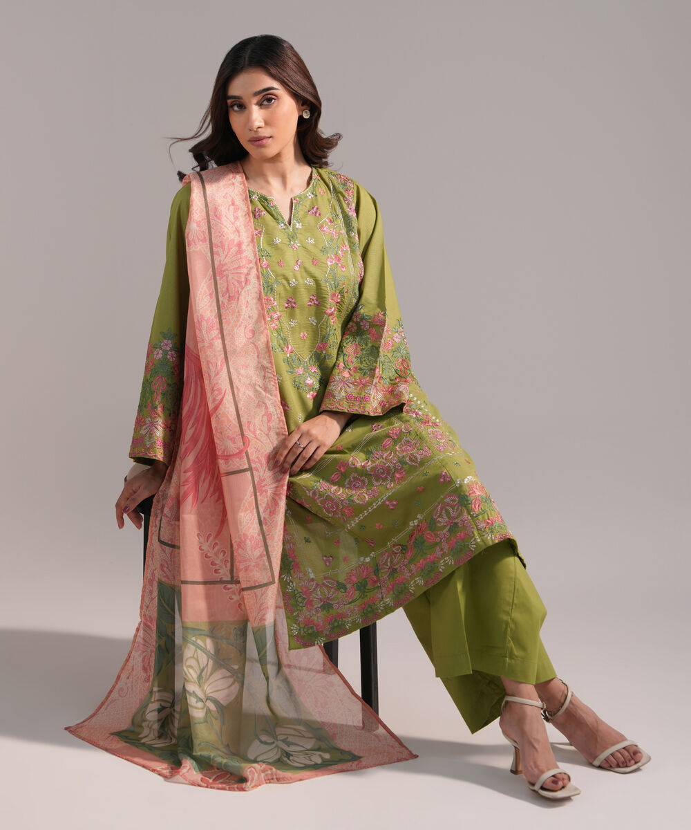 Women's RTW Zari Lawn Embroidered Green 3 Piece Suit