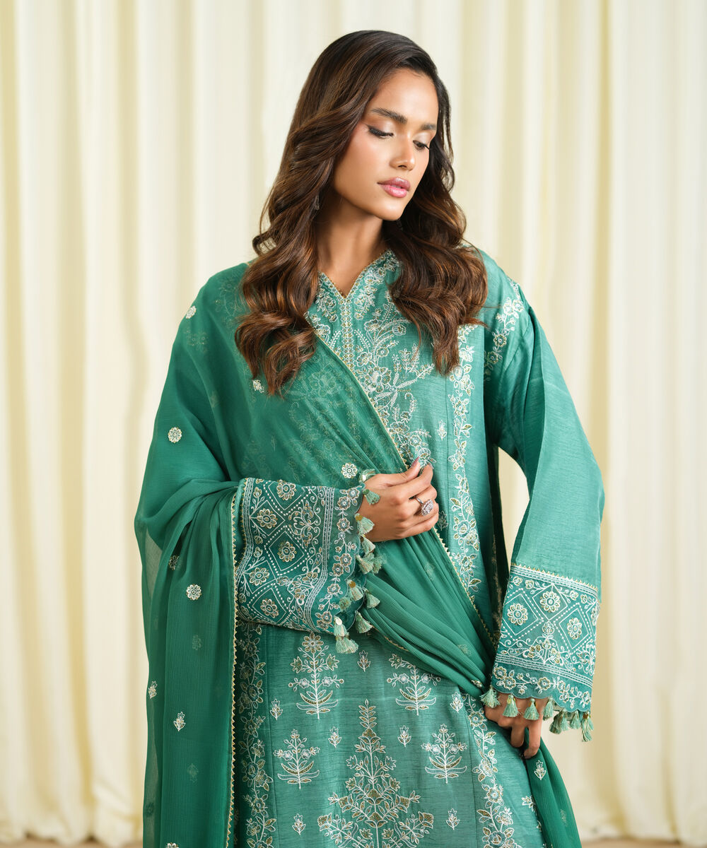 Women's Unstitched Raw Silk Embroidered Green 3 Piece Suit
