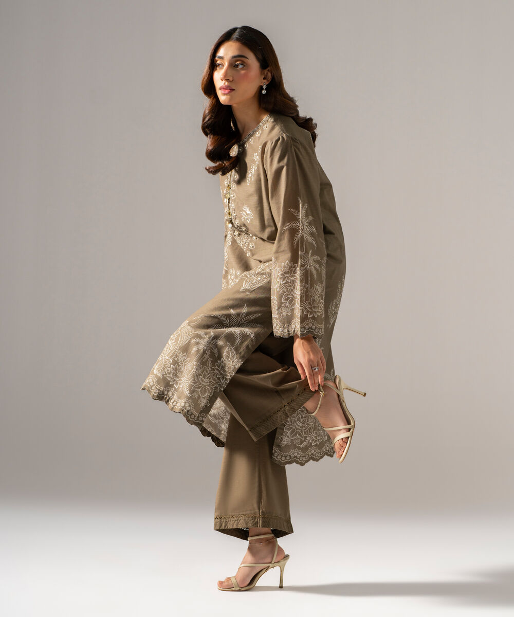 Women's RTW Cross Hatch Printed Embroidered Muted Green Straight Shirt