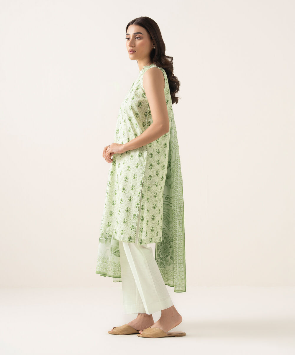 Women's Unstitched Lawn Printed Green 3 Piece Suit