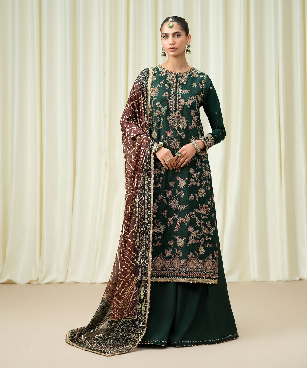Women's Unstitched Embroidered Viscose Jacquard Green 3 Piece Suit