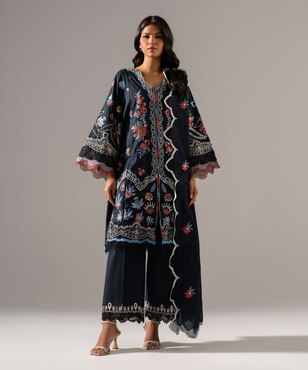 Women's RTW Self Jacquard Solid Embroidered Black 3 Piece Suit