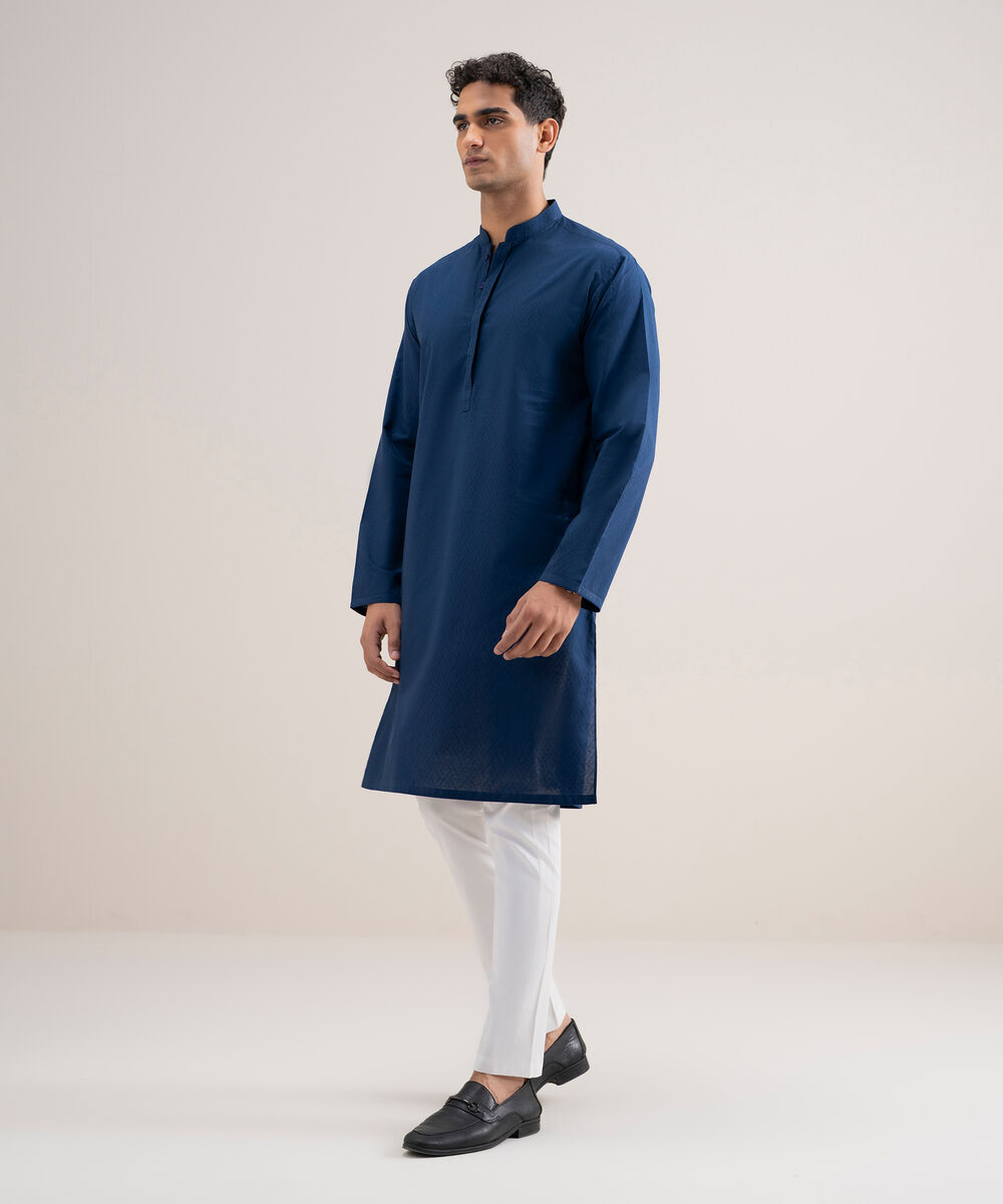 Men's Stitched Cotton Jacquard Royal Blue Kurta
