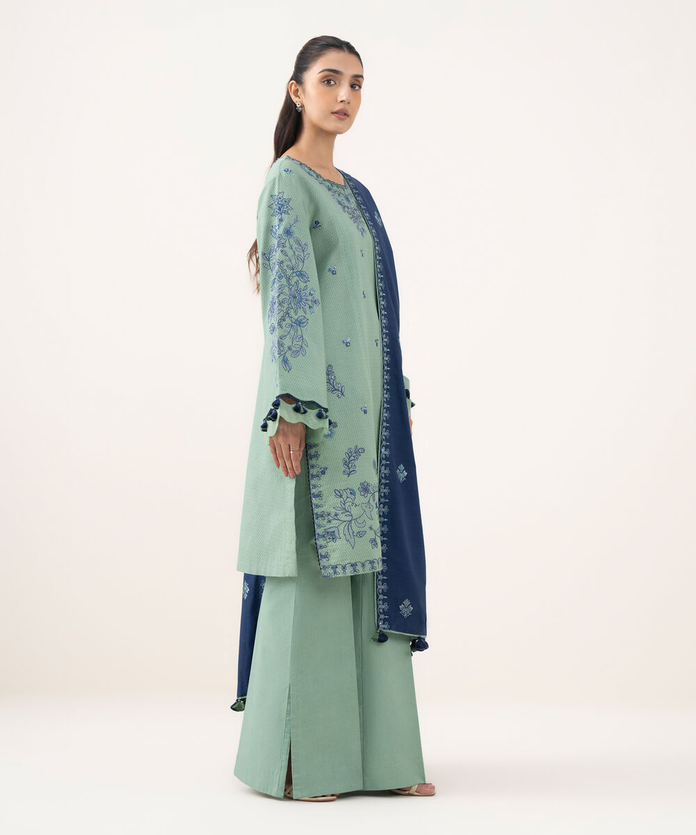 Women's Unstitched Dobby Embroidered Green 3 Piece Suit