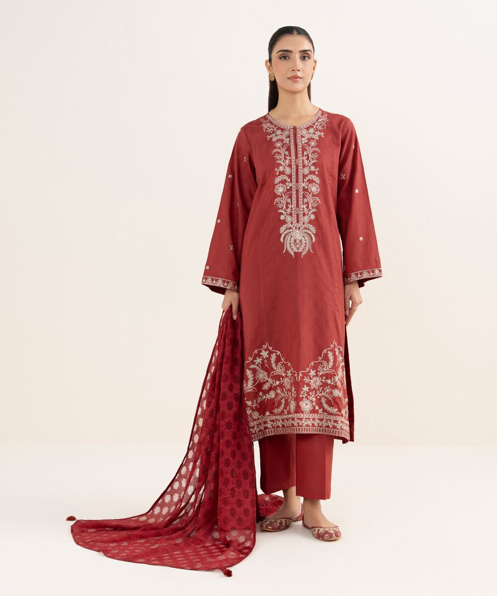 Women's RTW Self Jacquard Leno Embroidered Rust A-Line Shirt