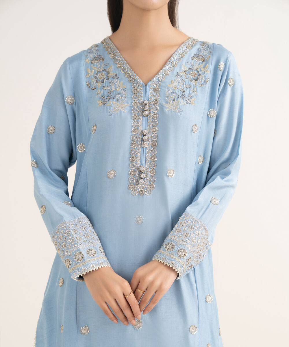 Women's RTW Raw Silk Embroidered Blue 3 Piece Suit