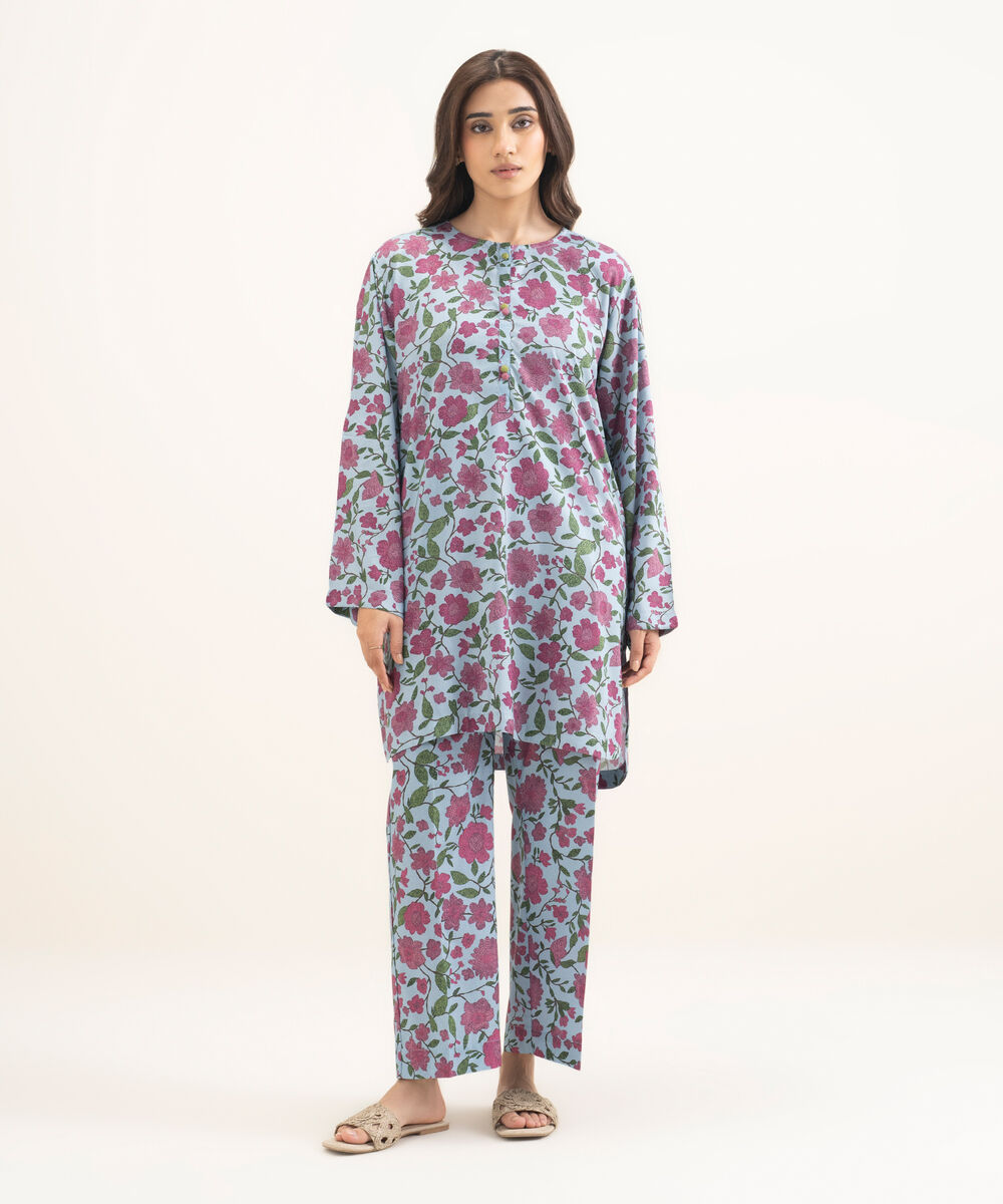 Women's RTW Arabic Lawn Printed Blue Drop Shoulder Shirt
