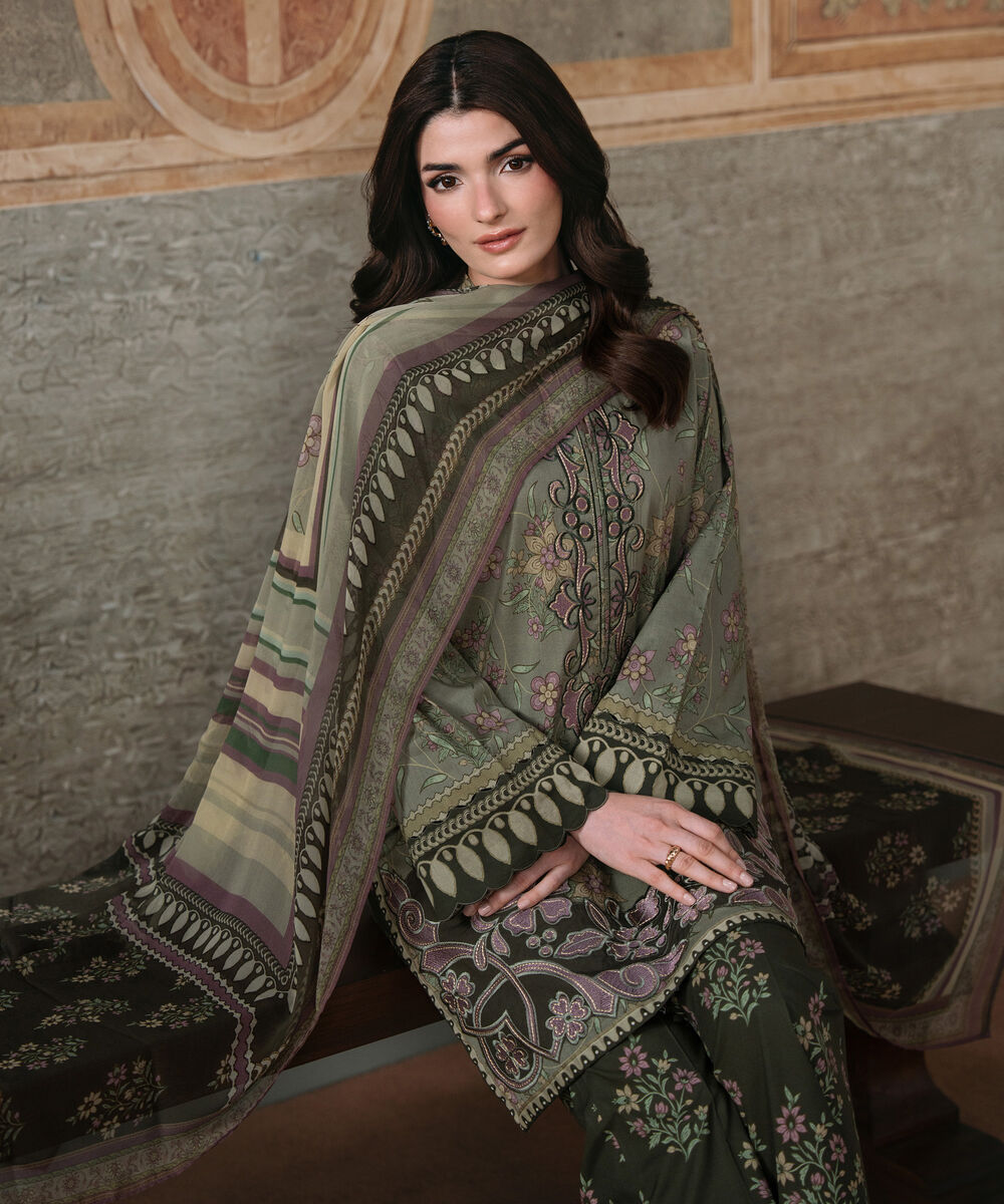 Women's Unstitched Lawn Embroidered Moss Green 3 Piece Suit