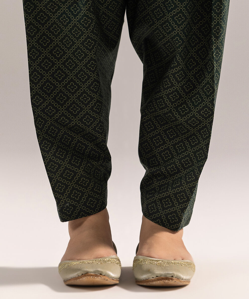 Women's RTW Cambric Printed Dark Green Skinny Shalwar