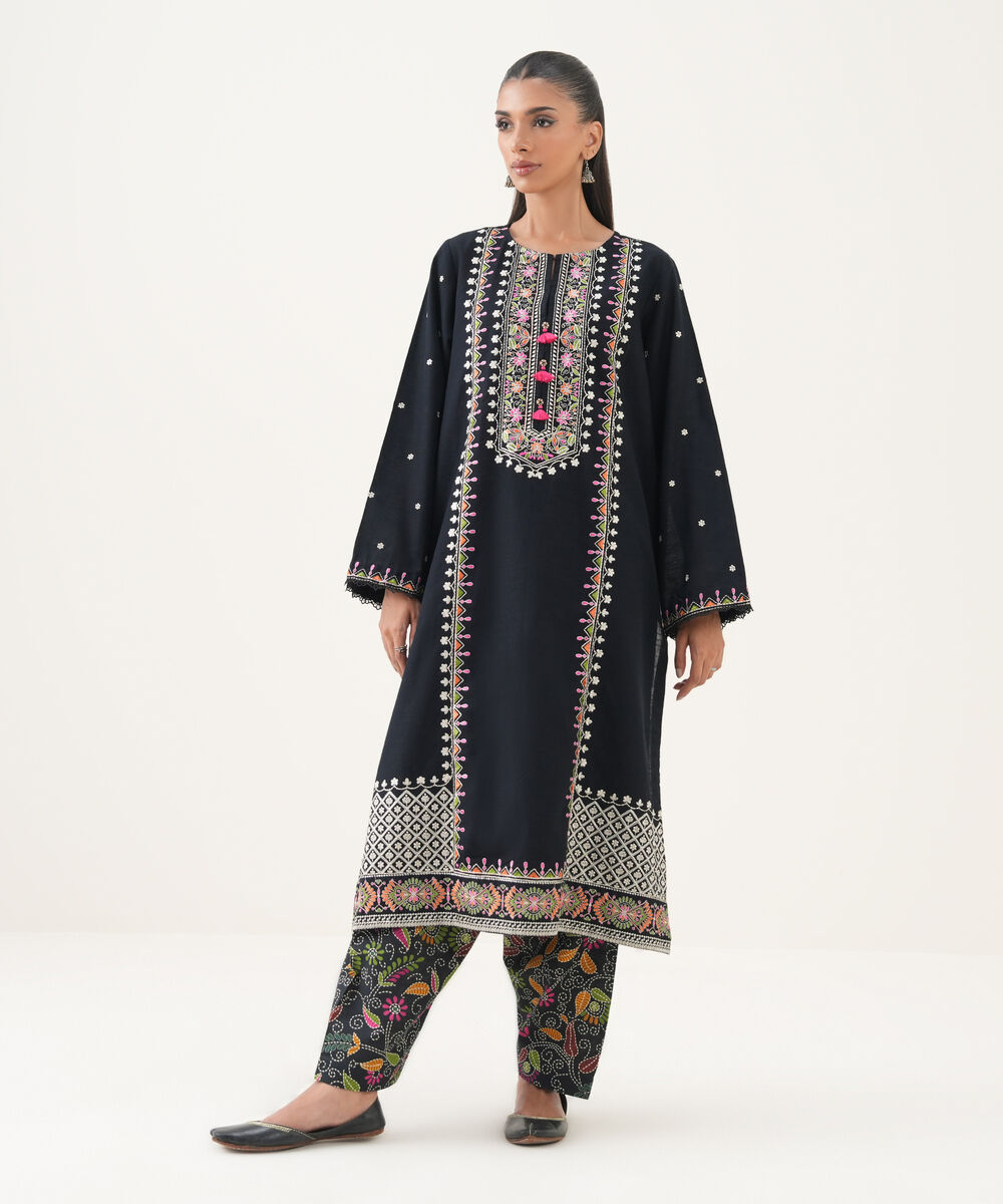 Women's RTW Light Khaddar Embroidered A-Line Black Shirt