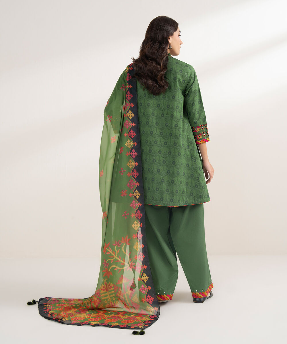 Women's Unstitched Cotton Embroidered Green 3 Piece Suit