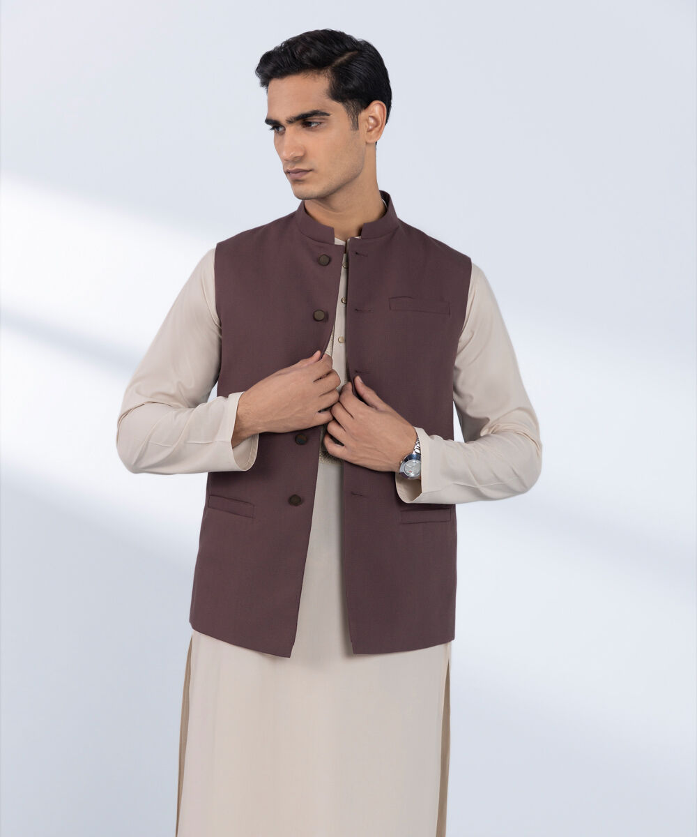Men's Stitched Plain Brown Waistcoat