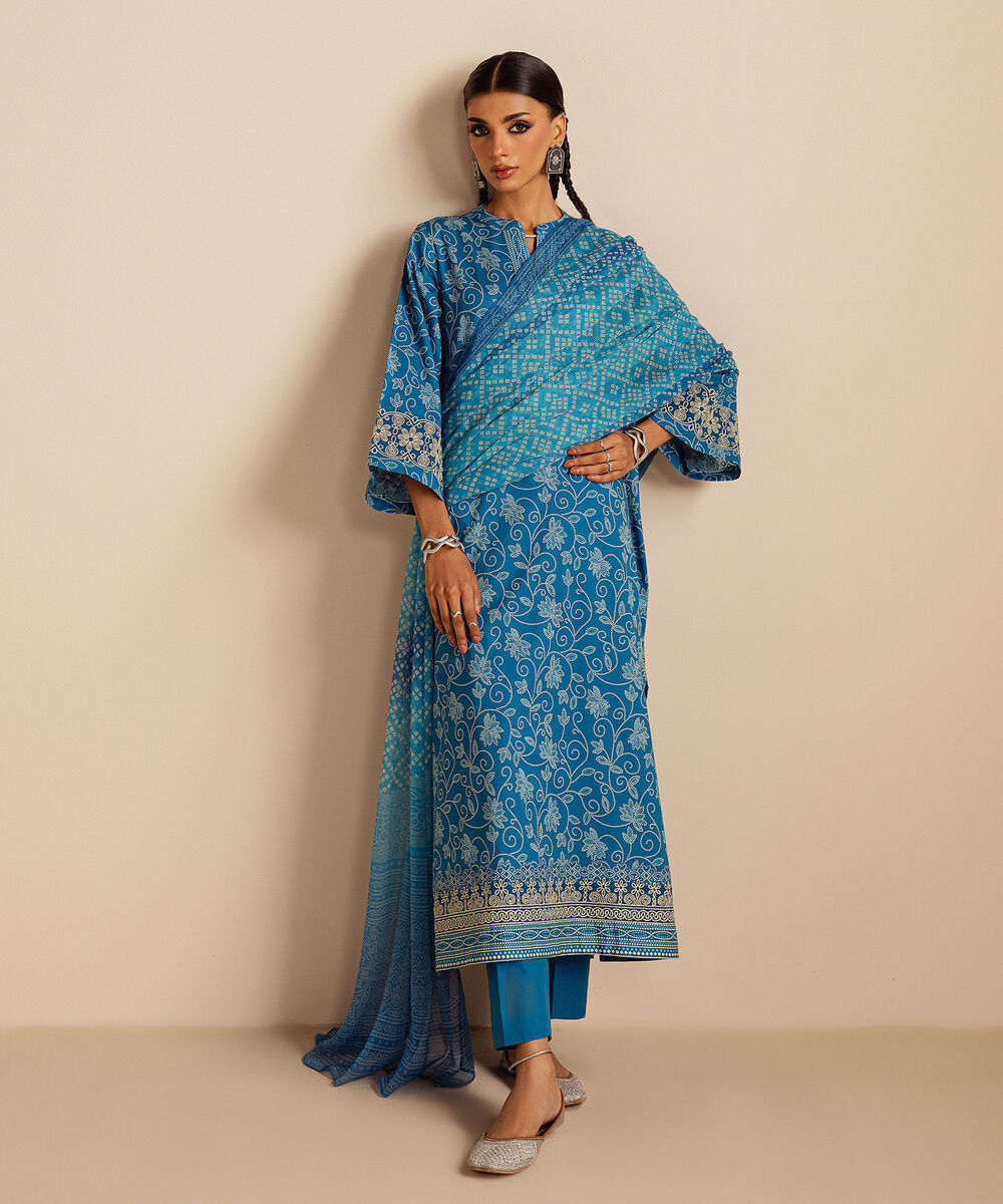 Women's Unstitched Lawn Embroidered Blue 3 Piece Suit