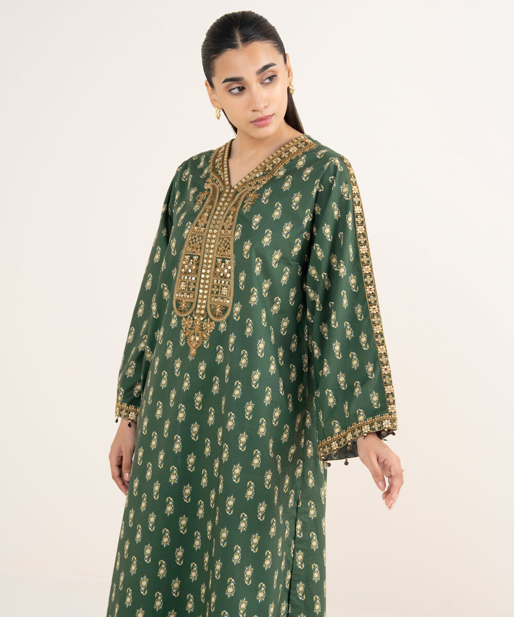 Women's RTW Cambric Green Embroidered A-line Shirt