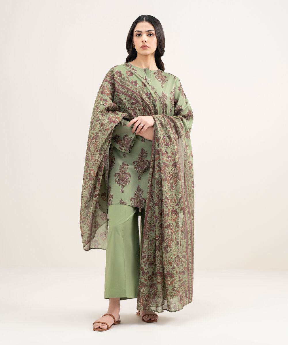 Women's RTW Cambric Printed Green 3 Piece Suit