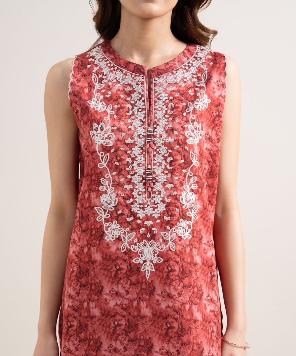 Women's Unstitched Lawn Embroidered Red 3 Piece Suit