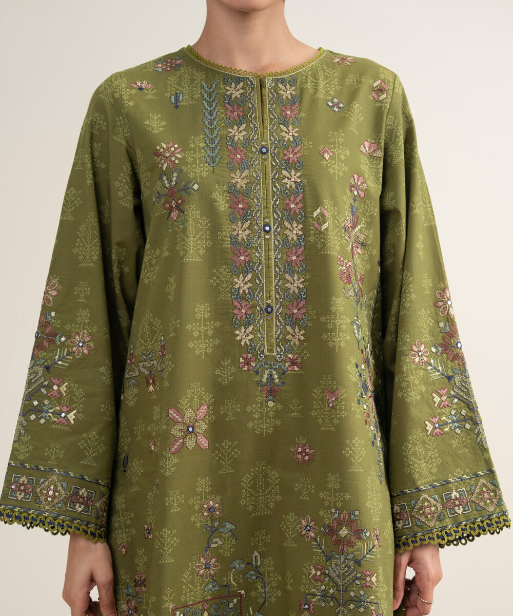 Women's Unstitched Lawn Embroidered Olive Green 3 Piece Suit