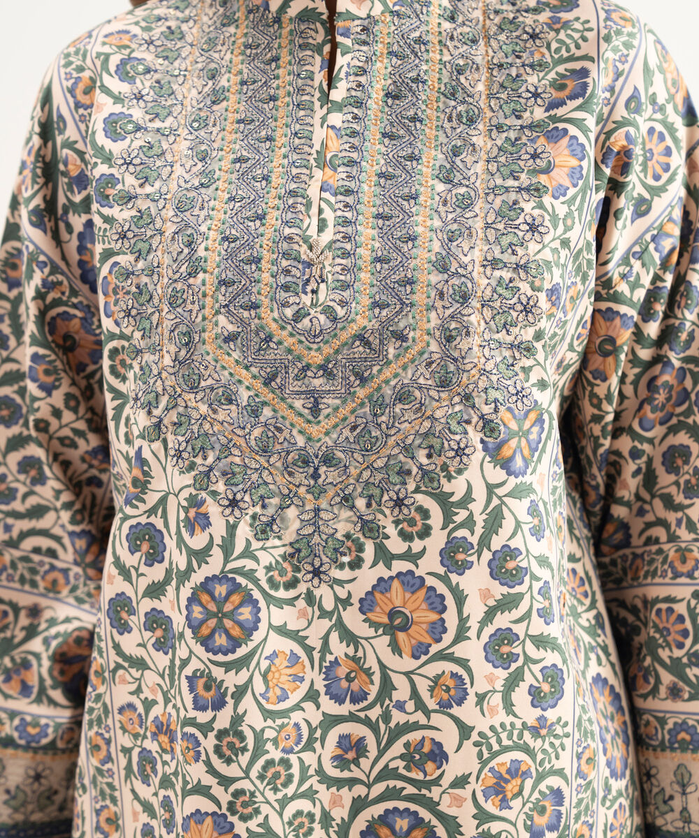 Women's Unstitched Blended Grip Silk Embroidered Blue 3 Piece Suit