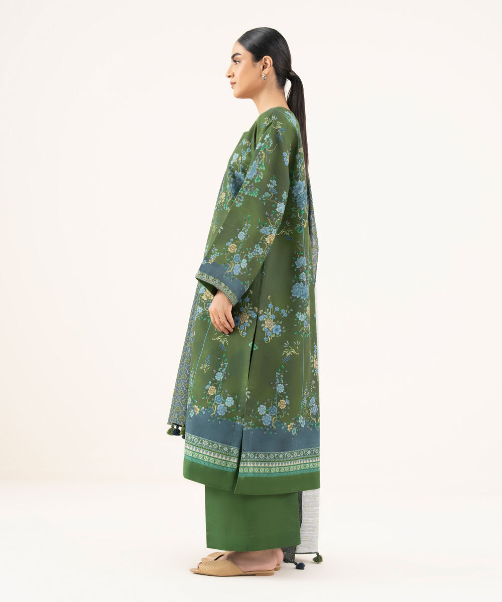 Women's Unstitched Cotton Printed Green 3 Piece Suit