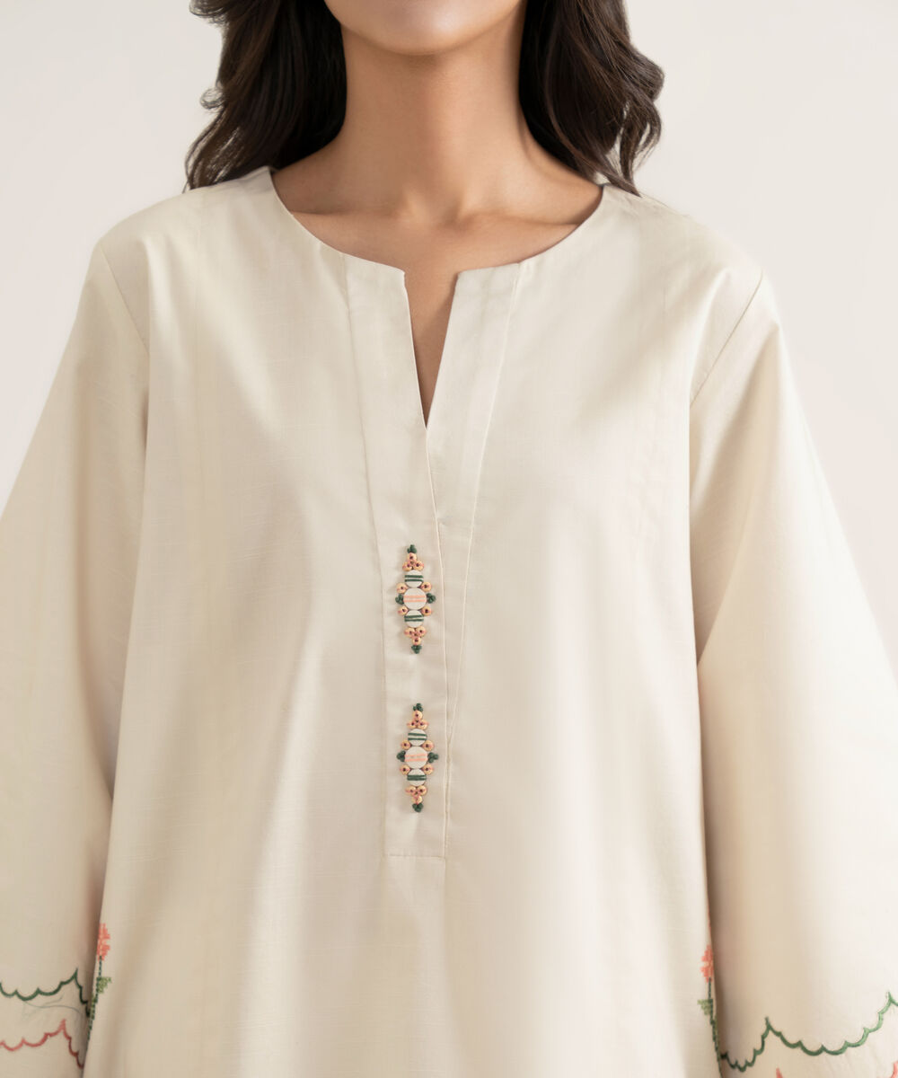 Women's Unstitched Textured Lawn Embroidered Off White 3 Piece Suit