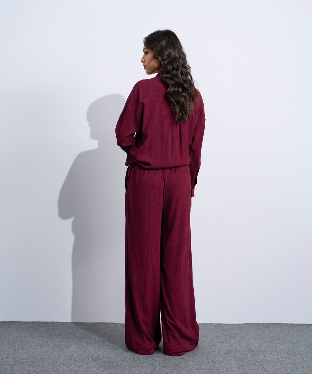 Women's Western Burgundy Wide-Leg Seersucker Trousers