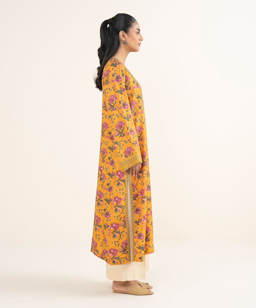 Women's RTW Light Khaddar Embroidered Orange A-Line Shirt