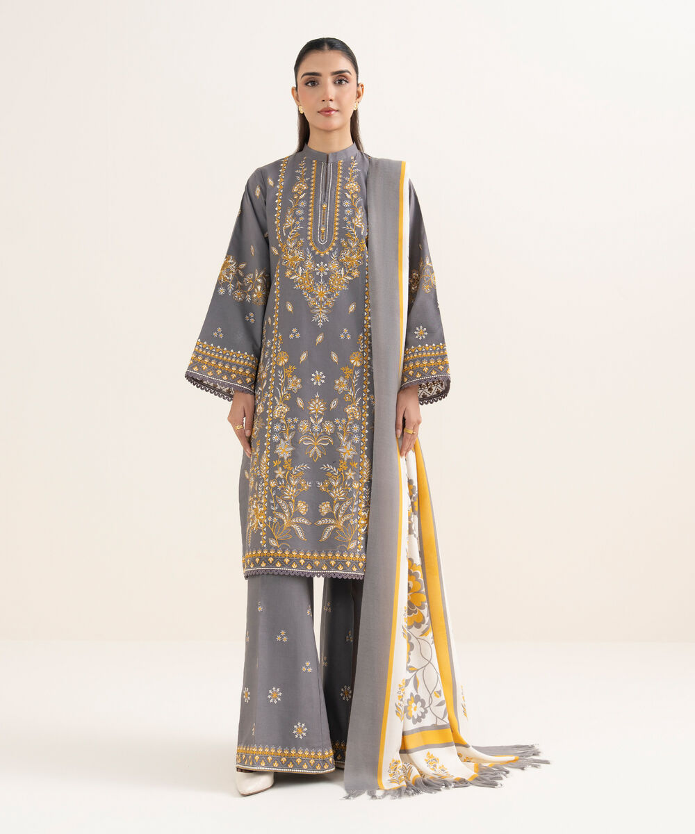 Women's Unstitched Embroidered Zari Khaddar Dark Grey 3 Piece Suit
