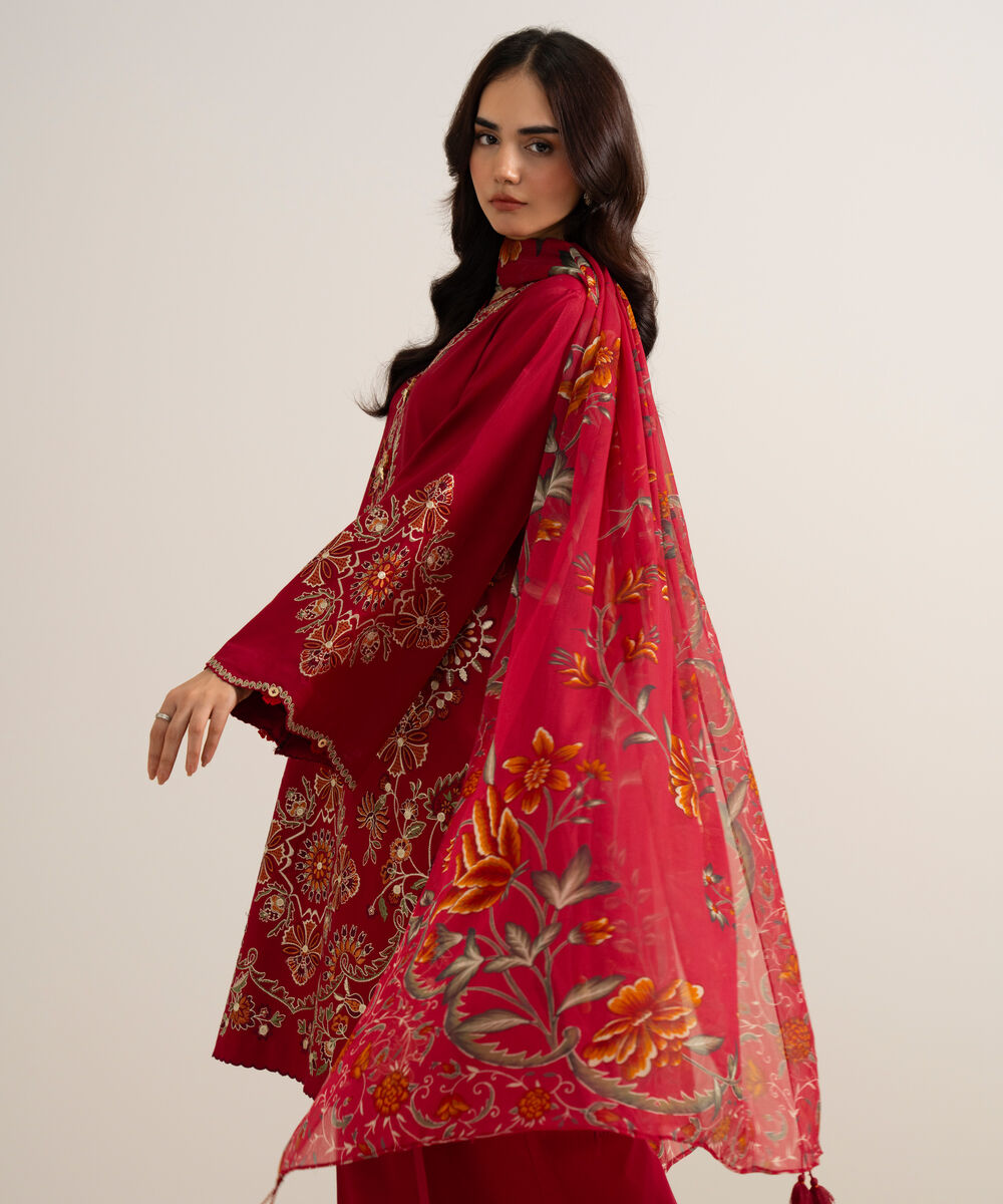 Women's Unstitched Embroidered Cotton Viscose Red 3 Piece Suit