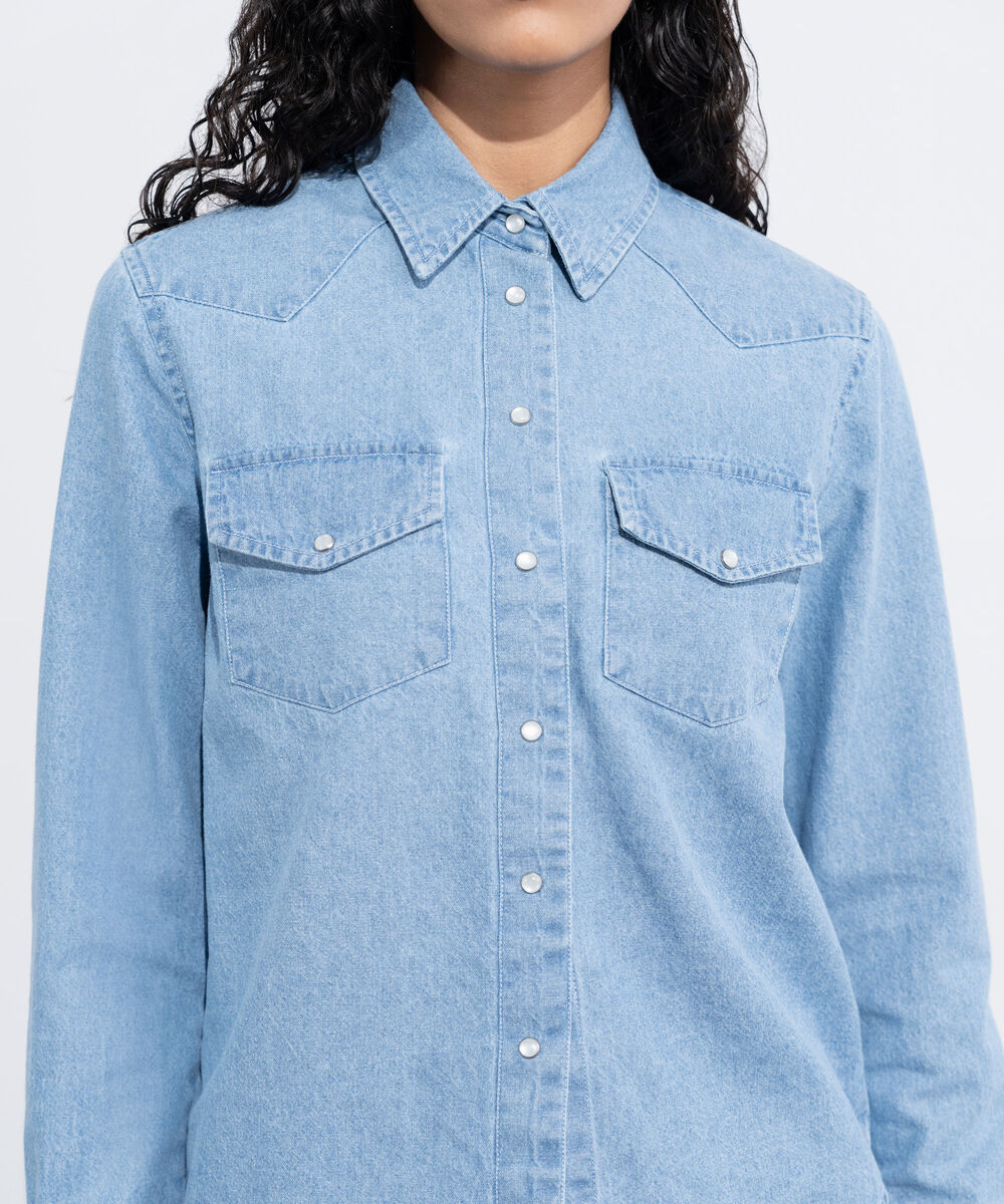 Women's Western Wear Blue Regular Fit Denim Shirt