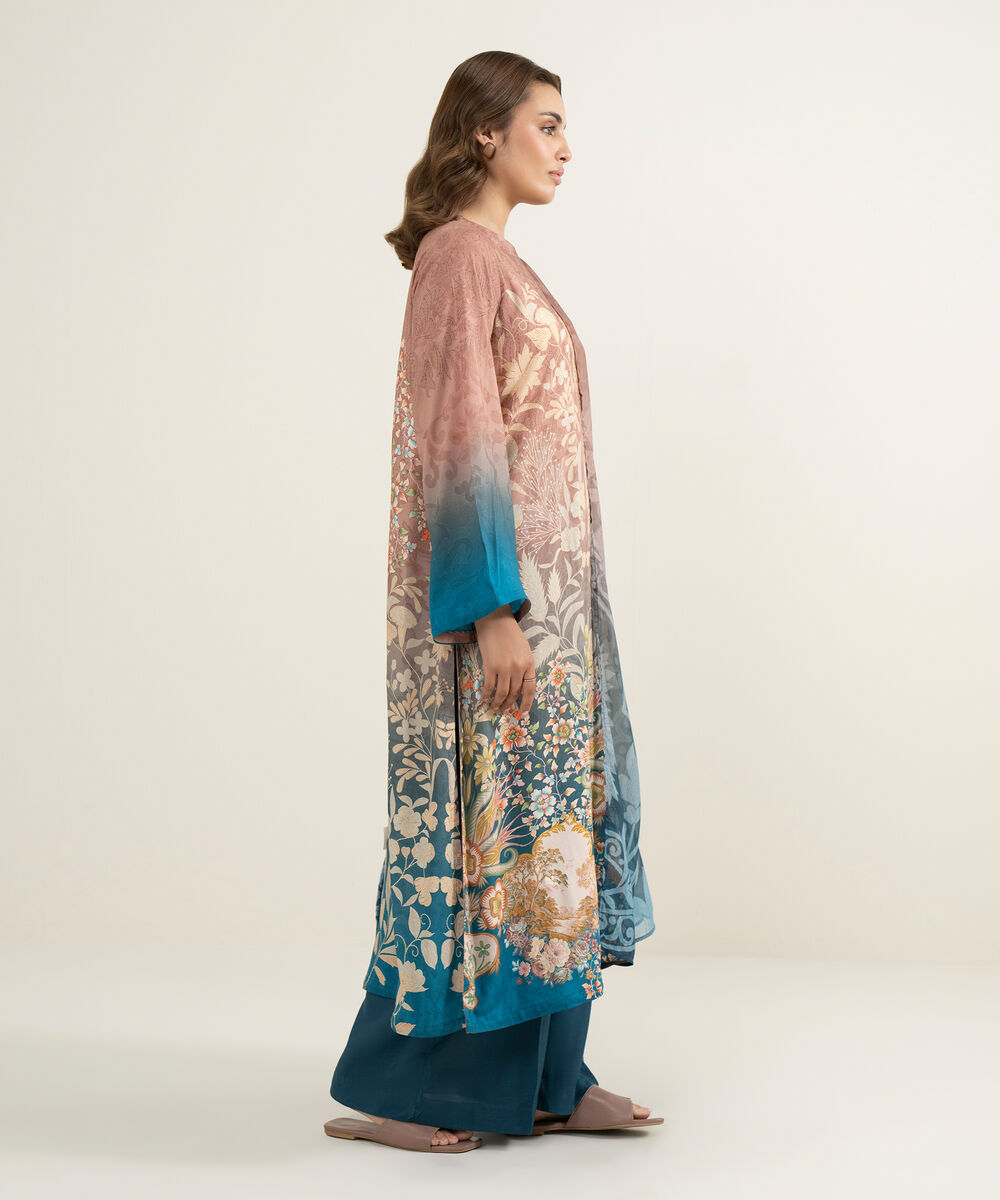 Women's RTW Viscose Raw Silk Printed Teal 3 Piece Suit