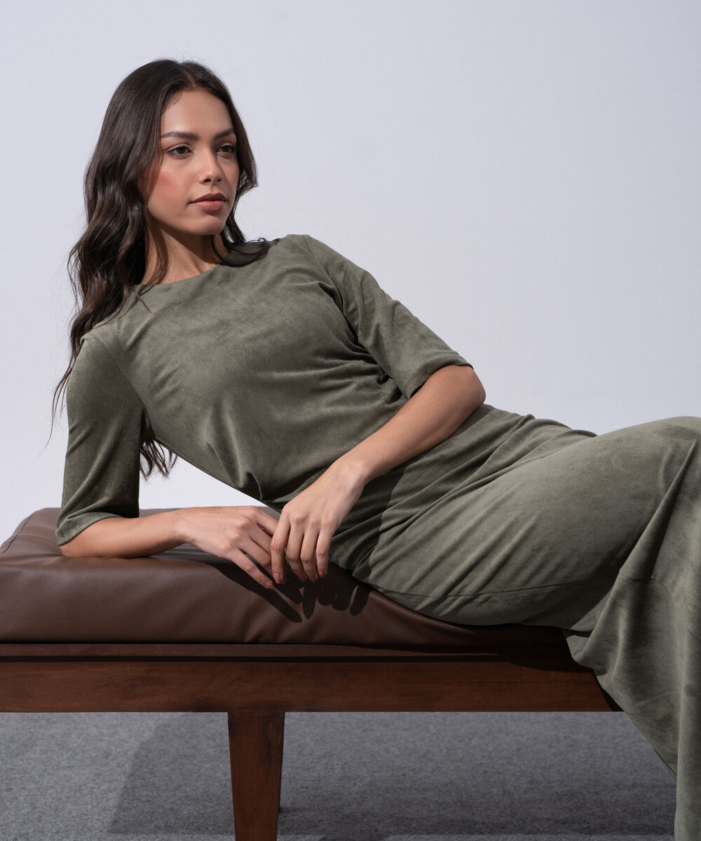 Women's Western Wear Green Polyester Pleated Faux Suede Long Dress