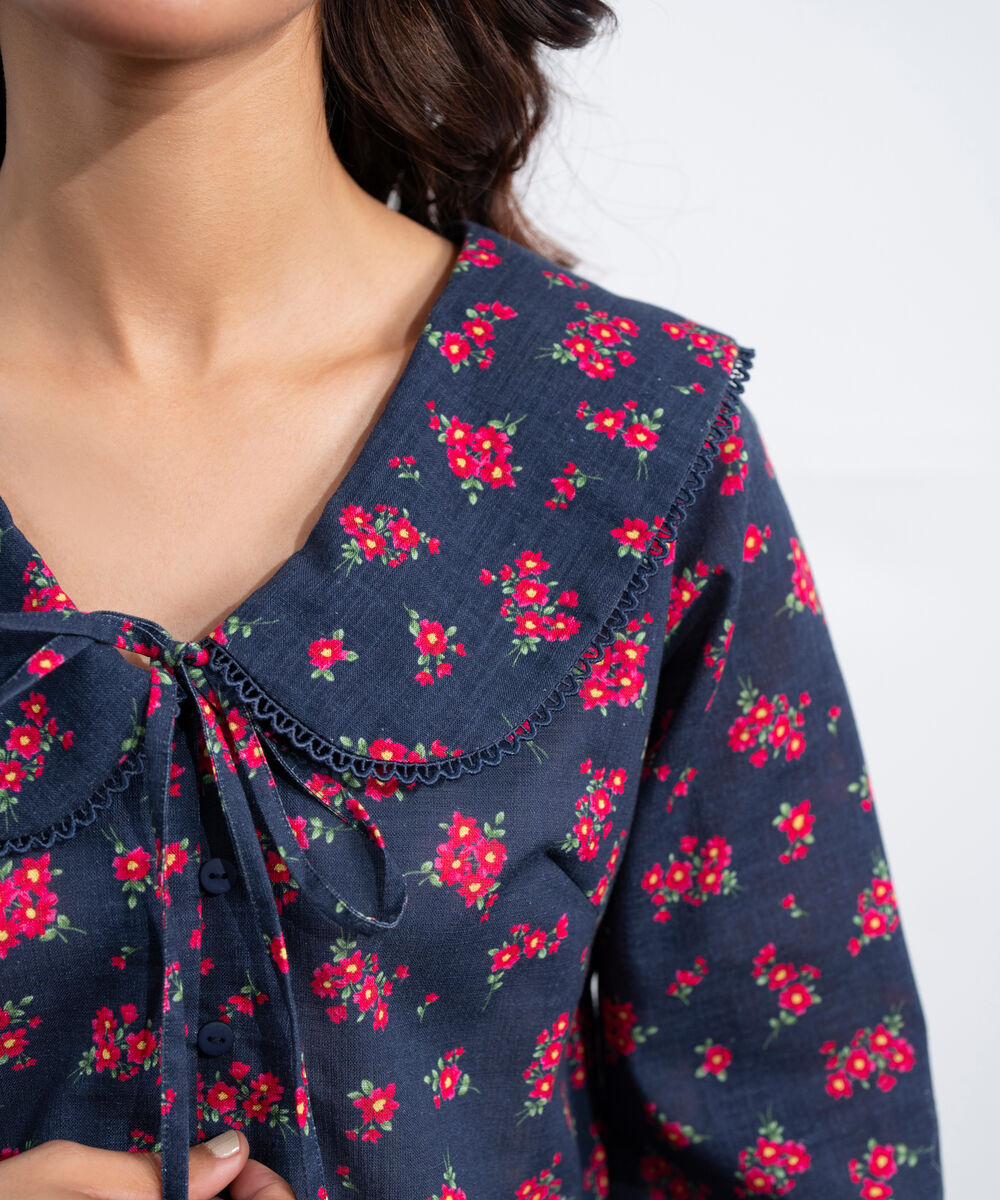 Women's Western Black And  Red Printed Blouse With Peter-Pan Collar
