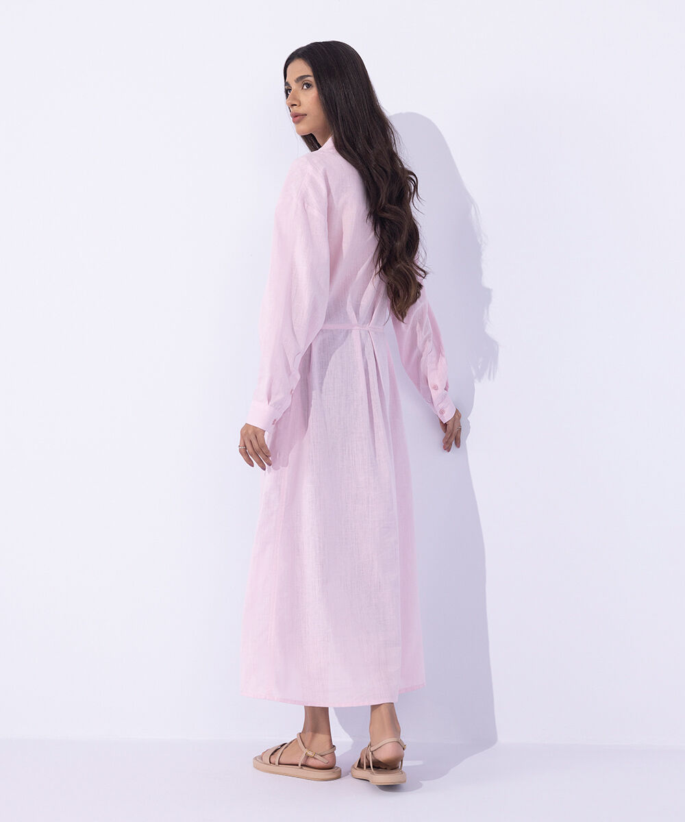 Women's Western Wear Pink Button- Through Linen Blend Dress